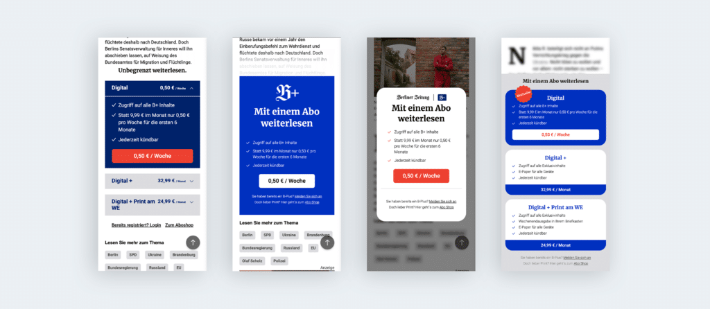 Unterschiedliche Paywall Designs der Berliner Zeitung