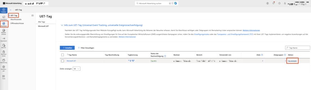 Finden des Microsoft UET-Tags in Microsoft Ads